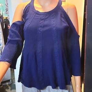 Lavish Navy Blue Cut out Shoulder Blouse